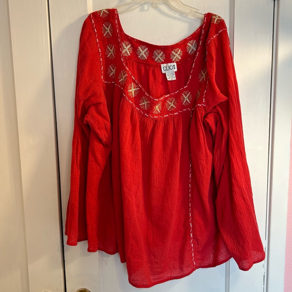 Clio 2 Women's 3X Embellished Red Blouse 100% Cotton Gently Used BOHO